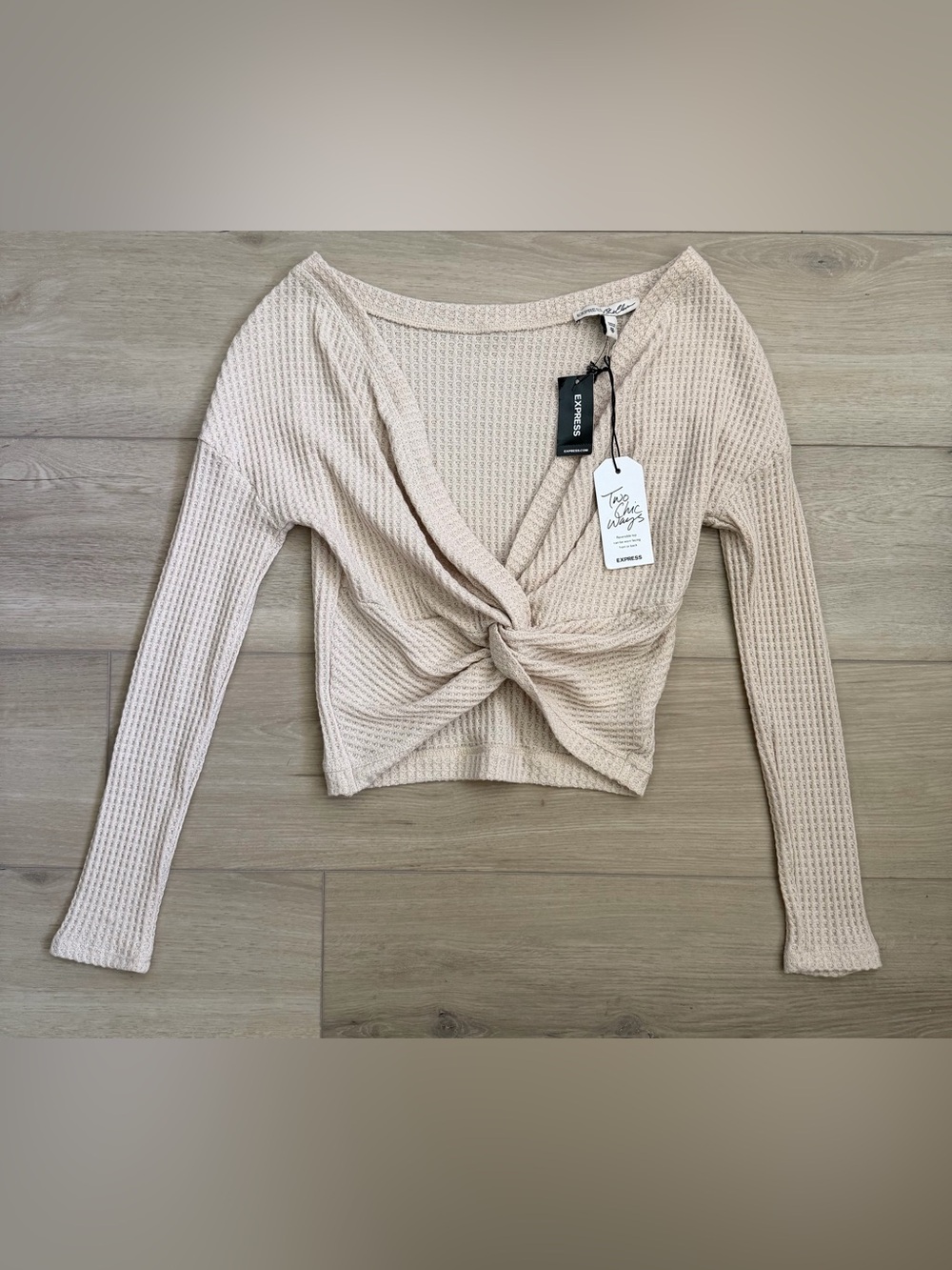 Express One Eleven Reversible Twist Front Waffle Knit Top XS Beige